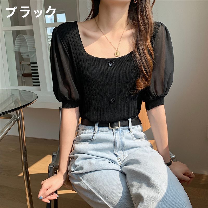 サマーニット レディース 半袖 Tシャツ ニットス スクエアネック パフスリーブ ス シンプル ニット キレイめ 夏 大人 女性用 サマーニット レディース 半袖 Tシャツ ニットトップス スクエア