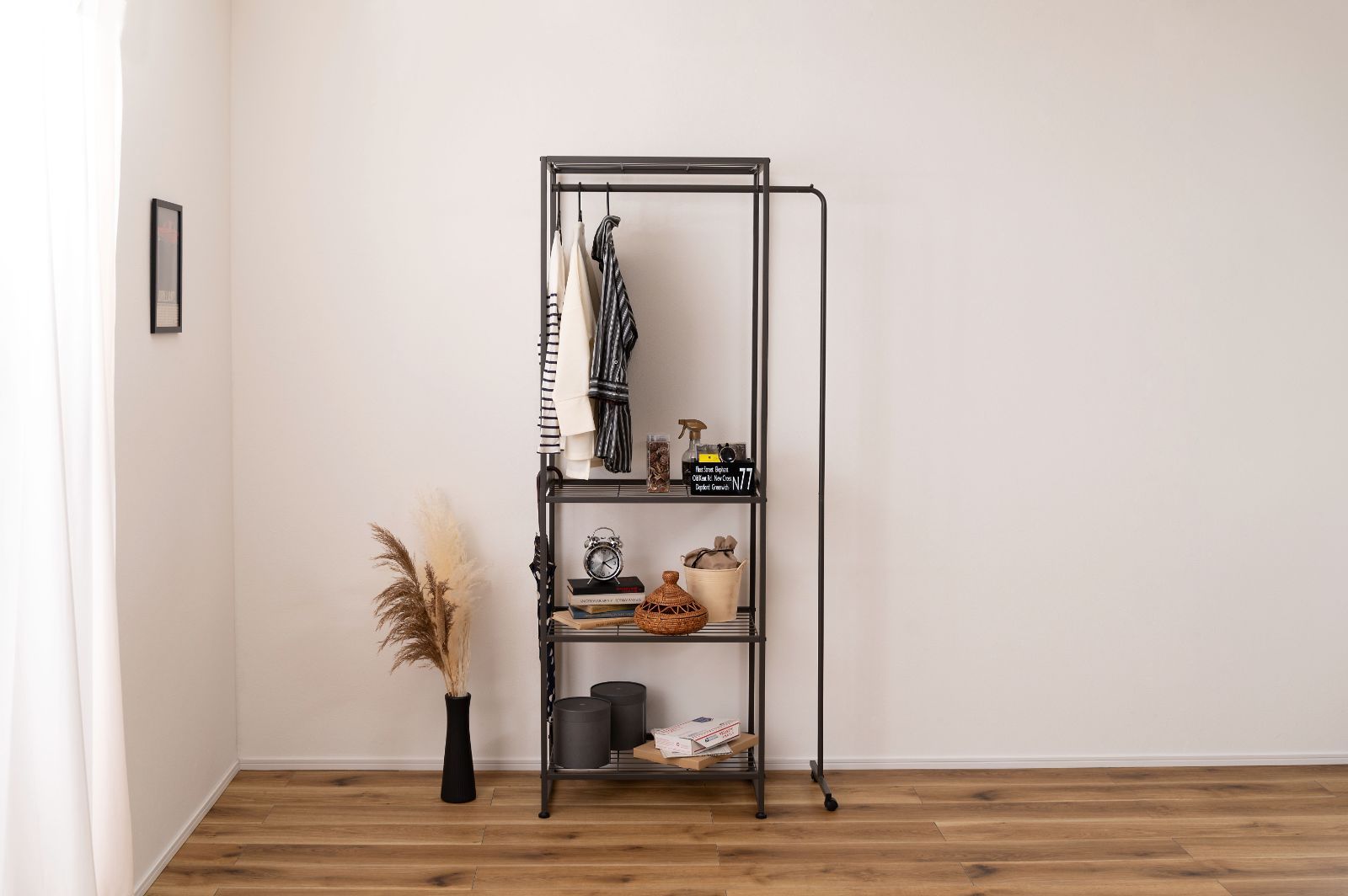 本州 可動式伸縮ハンガーラック ラック ハンガー 伸縮 ダークグレー キャスター付き シンプル ワンタッチ W67.5-152×D40×H180.5