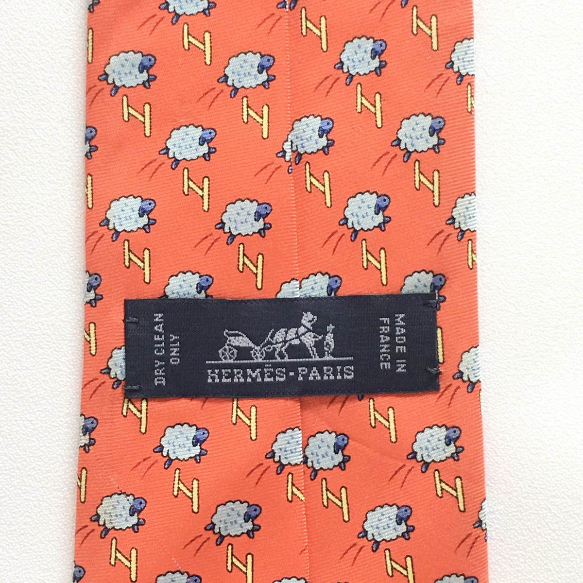 美品 エルメス HERMES ネクタイ シルク100% フランス製 オレンジ
