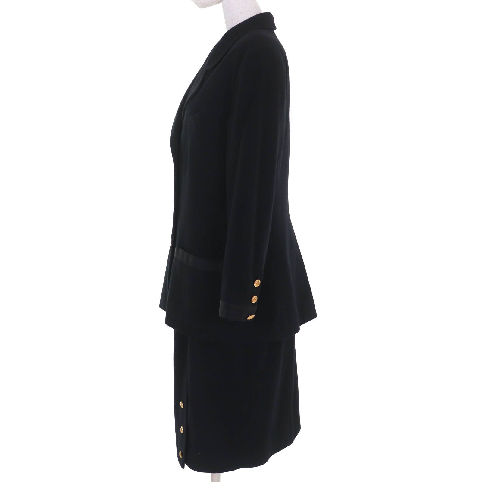 CHANEL BOUTIQUE シャネルブティック ヴィンテージ ウール 裏地ロゴ総柄 ココマーク金ボタン付 ジャケット スカート セットアップ スーツ ブラック ゴールド金具 44 フランス製 レディース