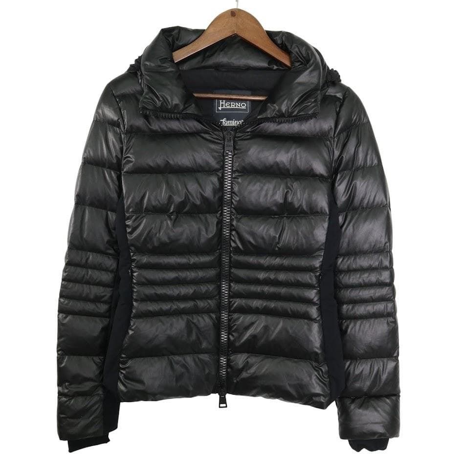HERNO Laminar ヘルノ ラミナー フーデット ダウンジャケット 黒 ブラック 42 XL レディース ジップ フード ロゴ ダウン フェザー
