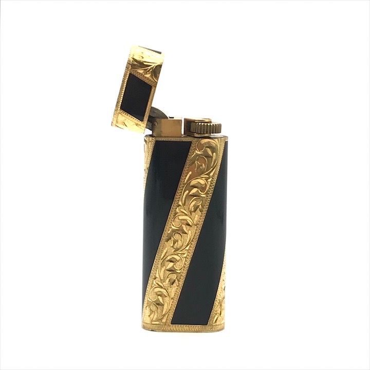 美品 Roy King ロイキング 18K 刻印 オーバル型 ローラー式 ガスライター ブラック ゴールド 着火良好 ブランド h353