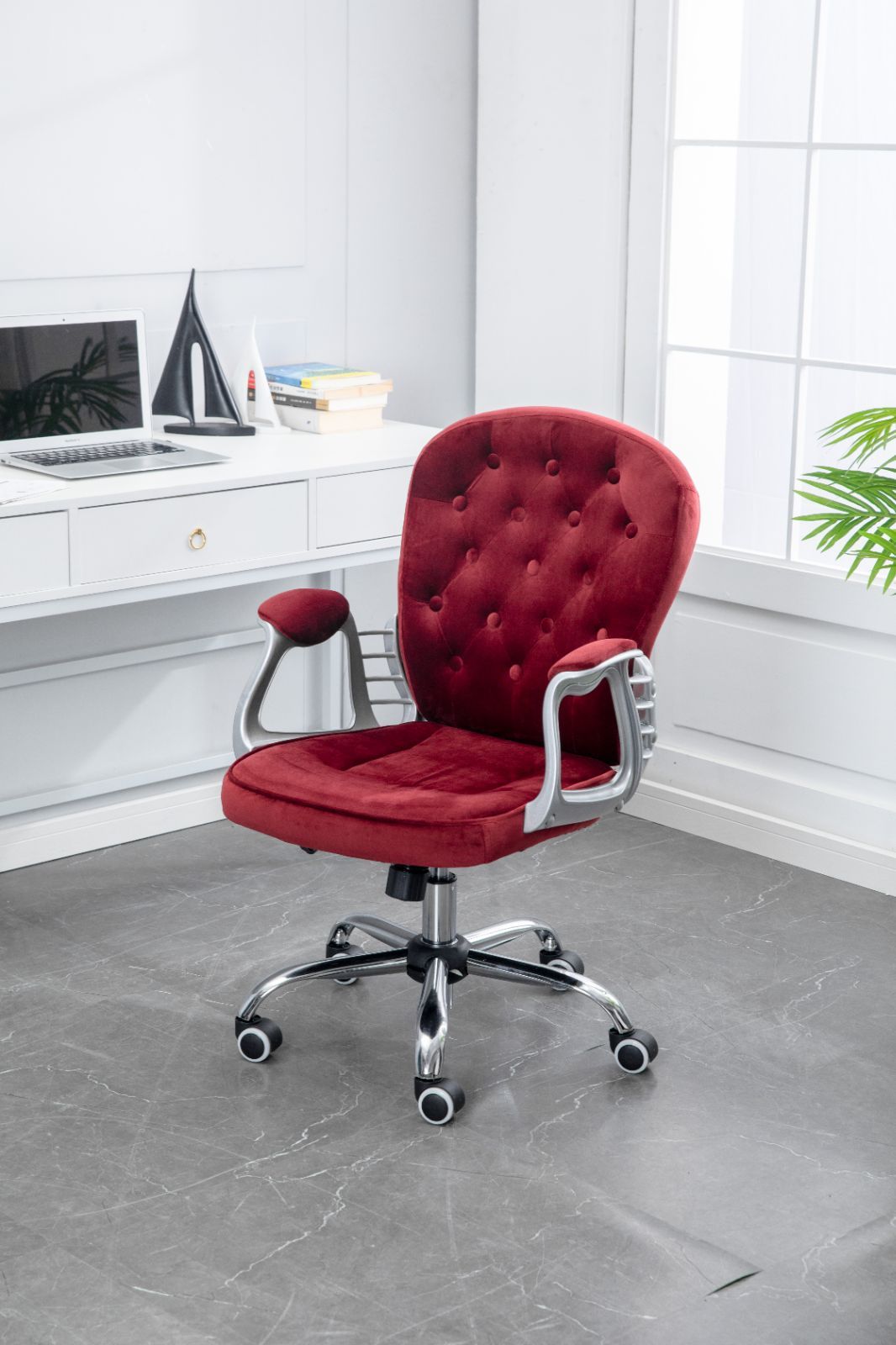 【未使用品】ベロア調 オフィスチェア デスクチェア パソコンチェア PCチェア チェア キャスター ソファ 学習椅子 おしゃれ 高級感 レトロ 韓国風 ワイン（RA-C-OA-05B-WR）