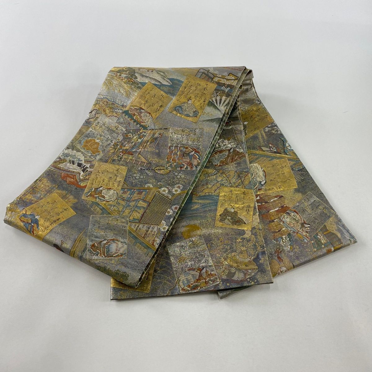 袋帯 名品 両面全通総絵図 二十四金箔プラチナ箔 小倉百人一首