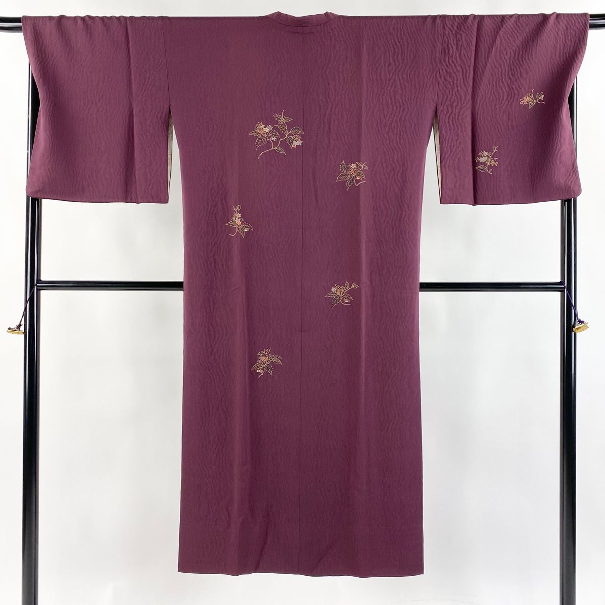 道行 身丈135cm 裄丈69cm L 和装コート 角衿 草花 金彩 金糸 赤紫 正絹