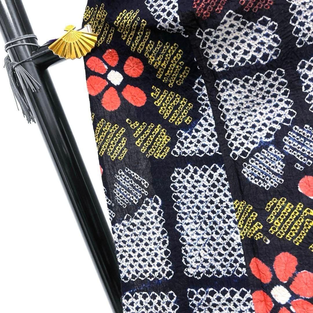 未着用　新品　浴衣　有松鳴海絞り　花模様　麻の葉　ブラック系　着物　044w d 104 超希少✨レアデザイン✨有松鳴海総絞り 花柄 蜘蛛絞り 浴衣