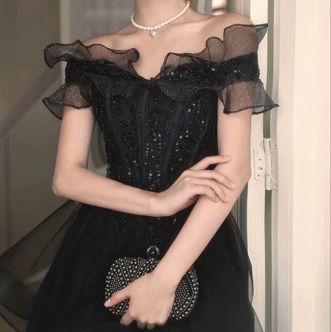シンプルオシャレなフリルが美しい オフショル ロングドレス シンプルオシャレなフリルが美しい オフショル ロングドレス