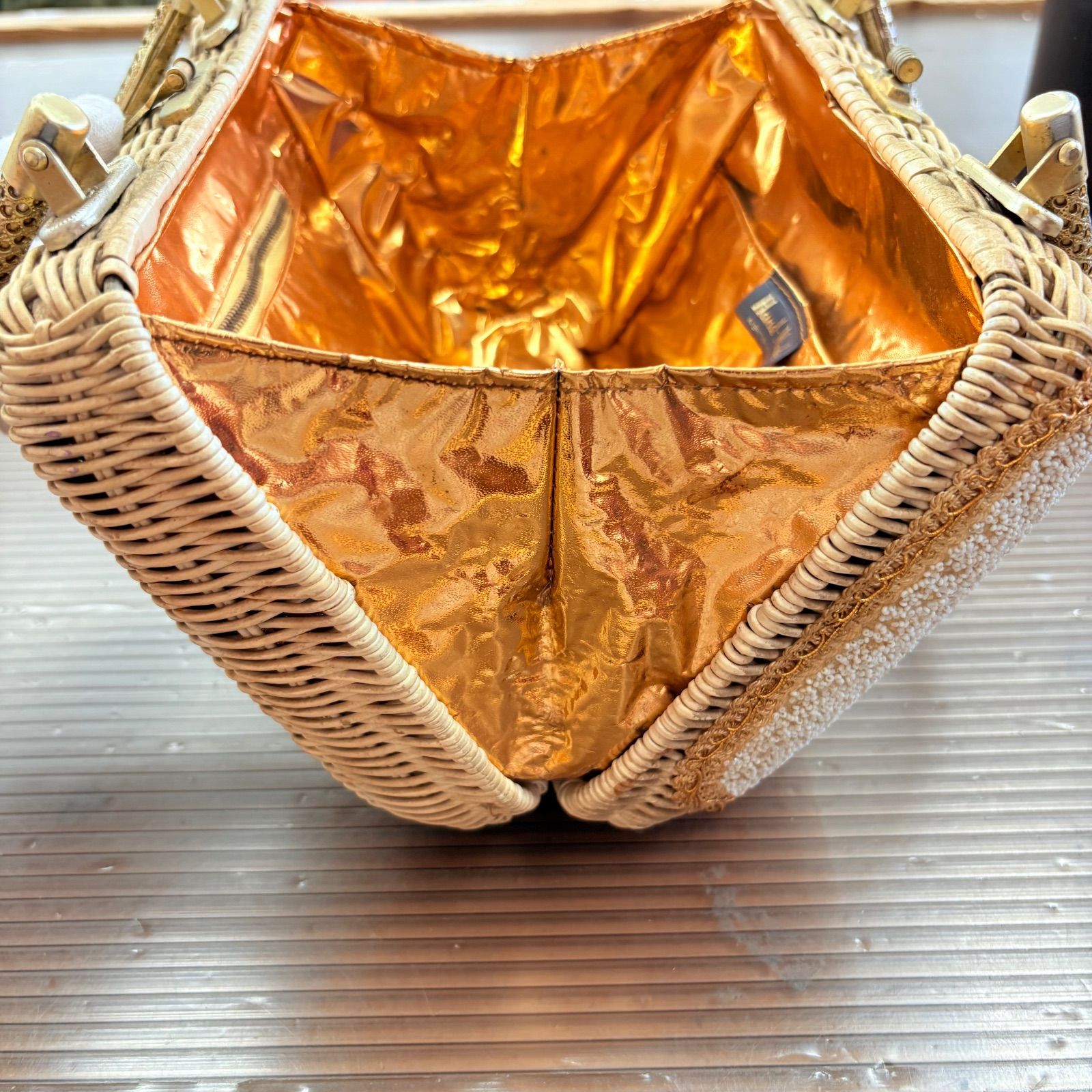 海外アンティークバッグ ビーズ×カゴバッグ がま口 花柄 ハンドバッグ