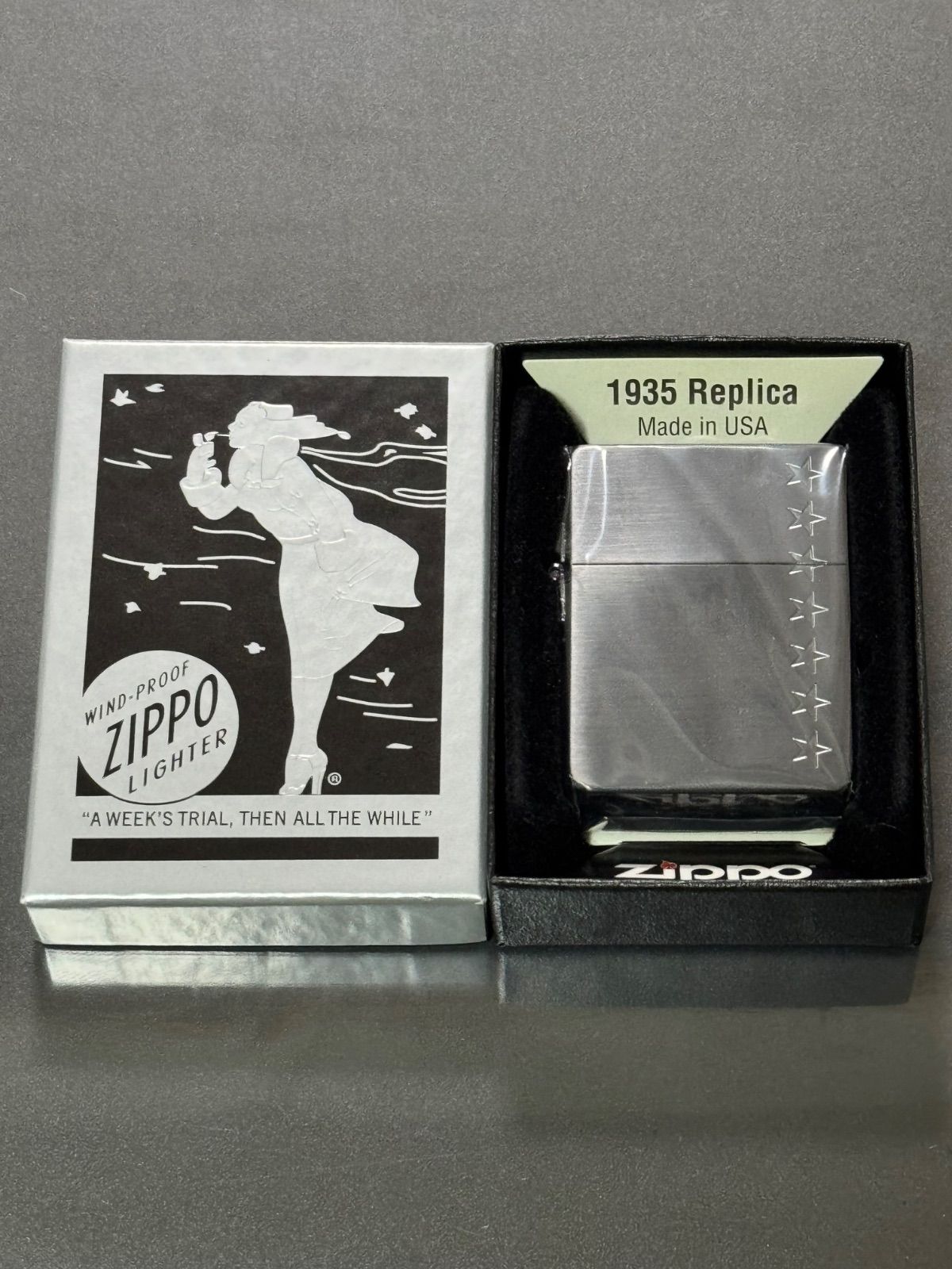 zippo Seven Stars SPIRIT SOLID BLACK セブンスター 1935レプリカ 2017年製 七連星 外ヒンジ ブラックチタン 懸賞当選品 両面刻印 デットストック ケース 保証書