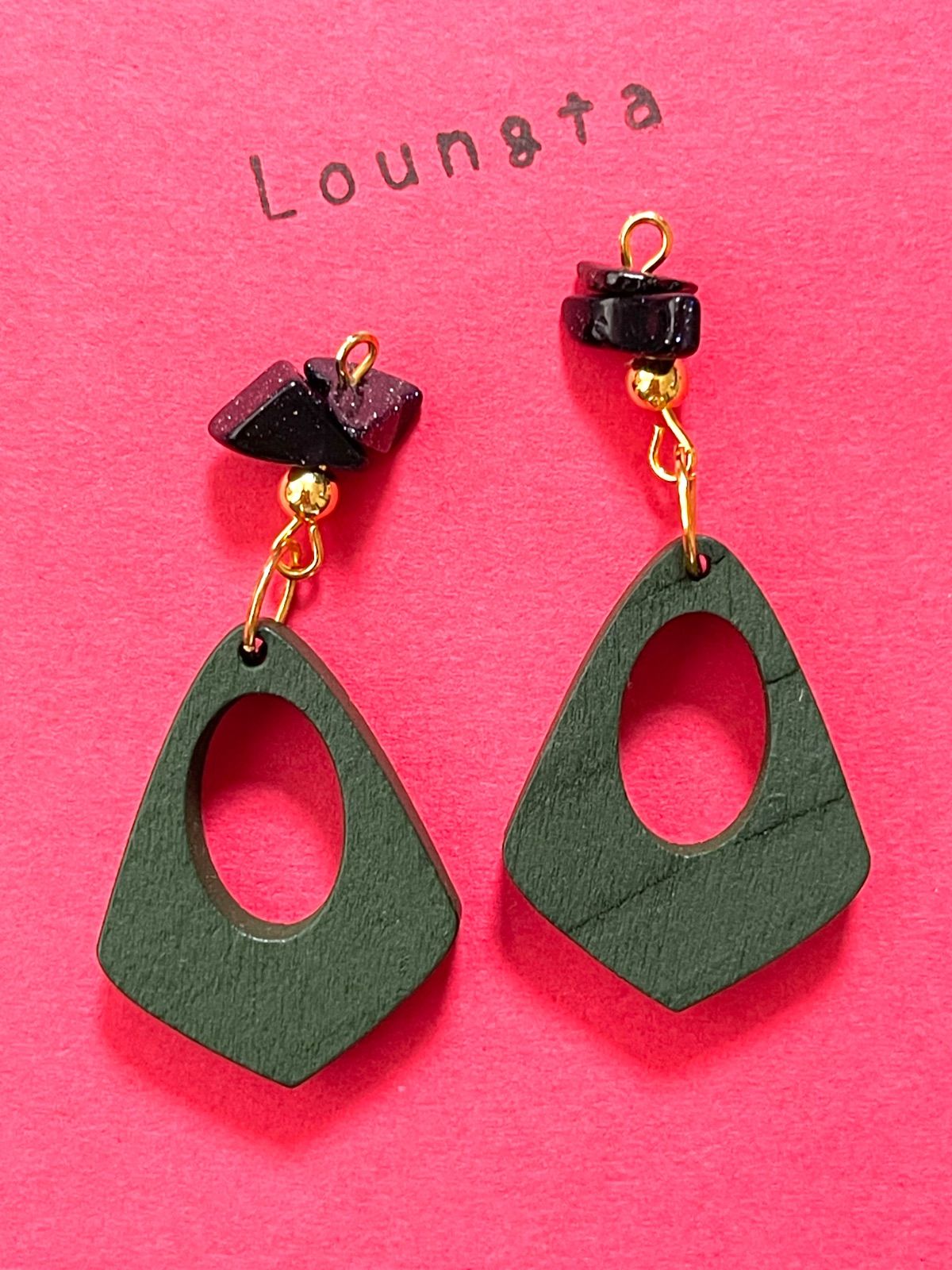 1638ブルーサンド 天然石ピアス ウッドビーズグリーン 大ぶりピアス 高  