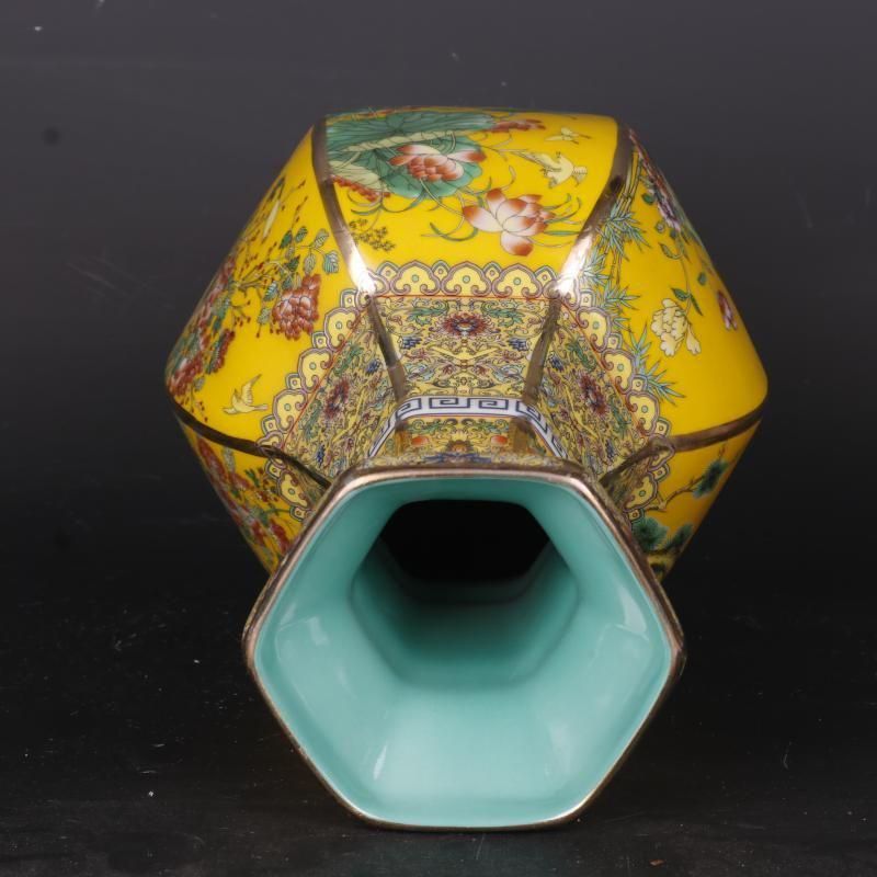 清乾隆蒔金琺瑯彩花鳥六方瓶 景徳鎮 陶磁器 装飾品 現代工芸品
