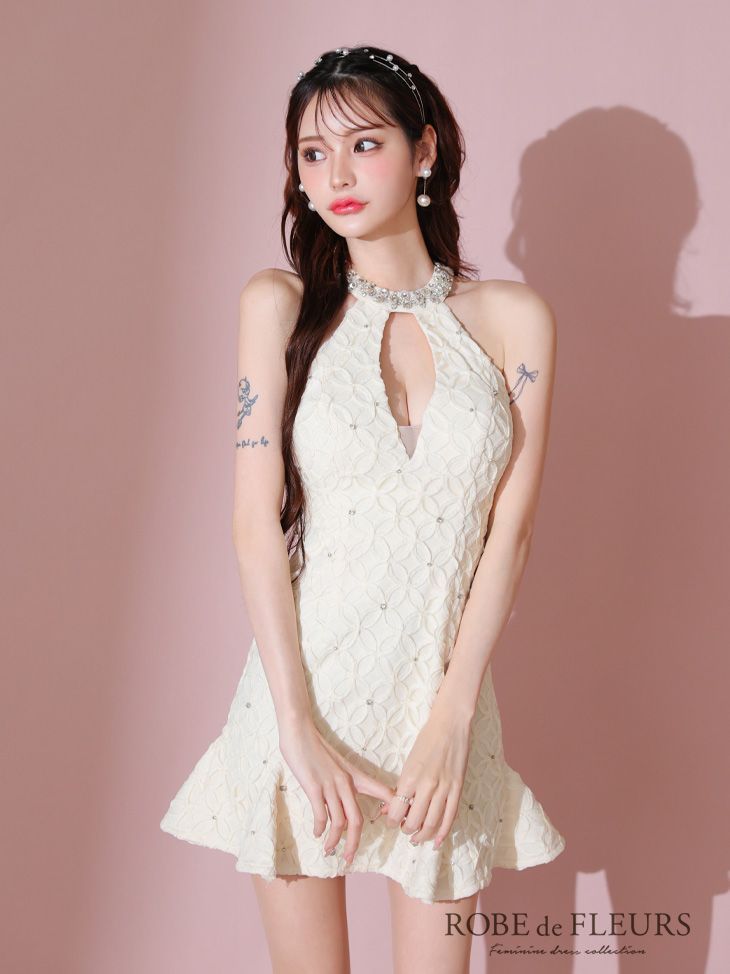 ショルダーリボンレースミニキャバドレス(fm3457) ROBE de FLEURS