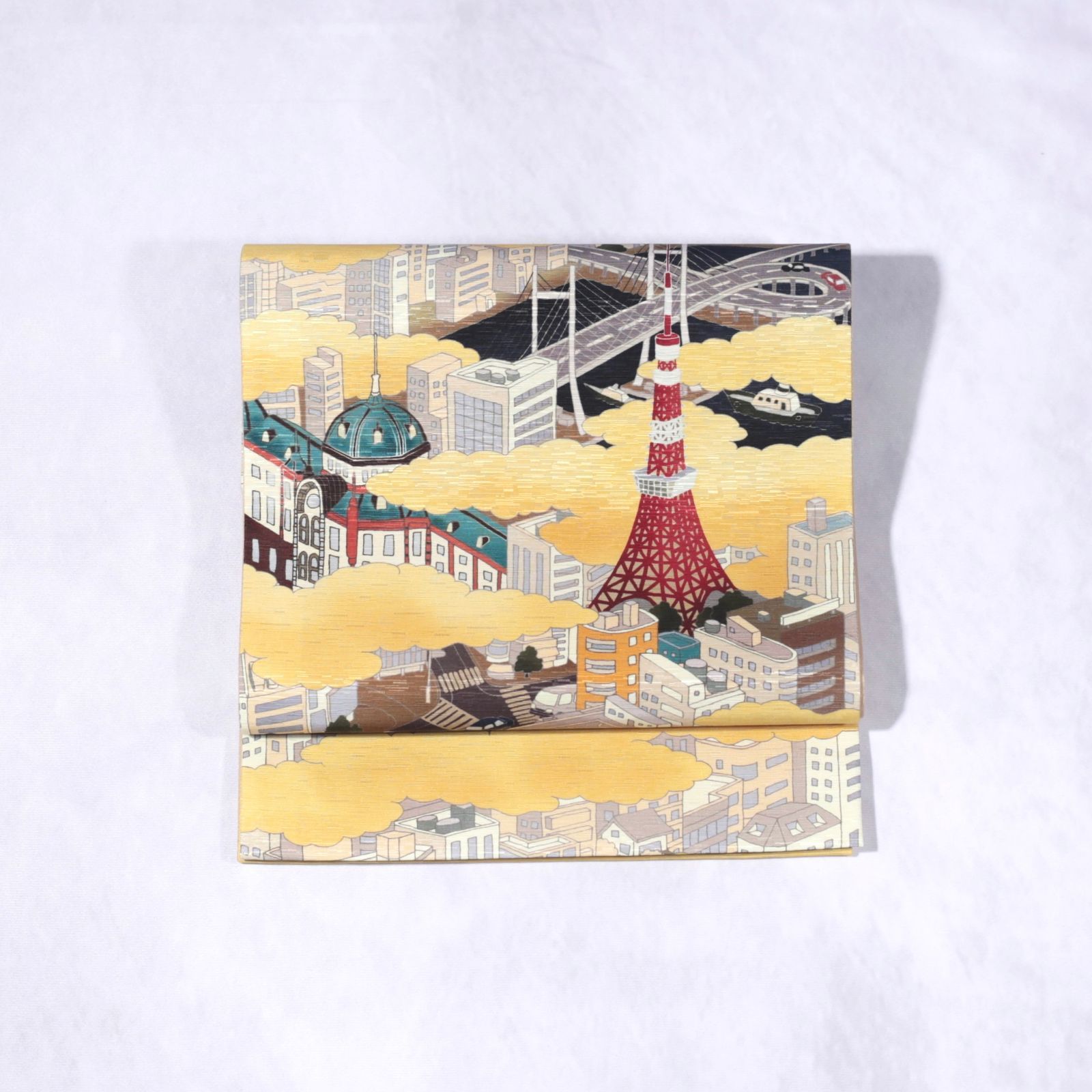 *. 再入荷 .* 新品・未使用 WAKKA 正絹 京袋帯【東京ドローン/金雲】お仕立て上がり 着物 帯 カジュアル 一重太鼓 OB-48 再入荷 .* 新品・未使用 WAKKA 正絹 京袋帯【東京ドローン/金雲】お
