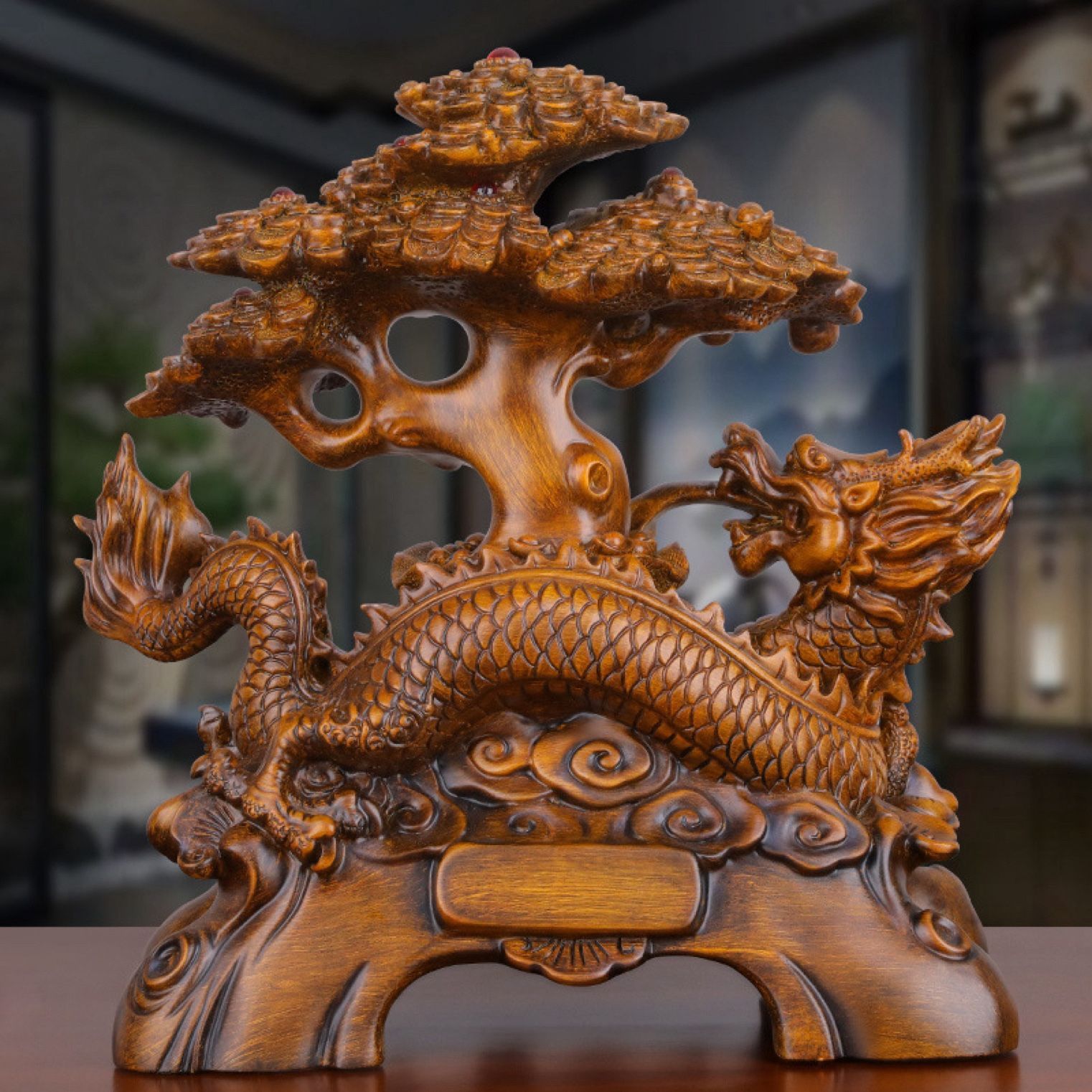 木製 インテリア雑貨 アンティーク 龍 ドラゴン 珠持黄金龍 玉を持つ幸運の竜 銅製置物 ゴールドドラゴン