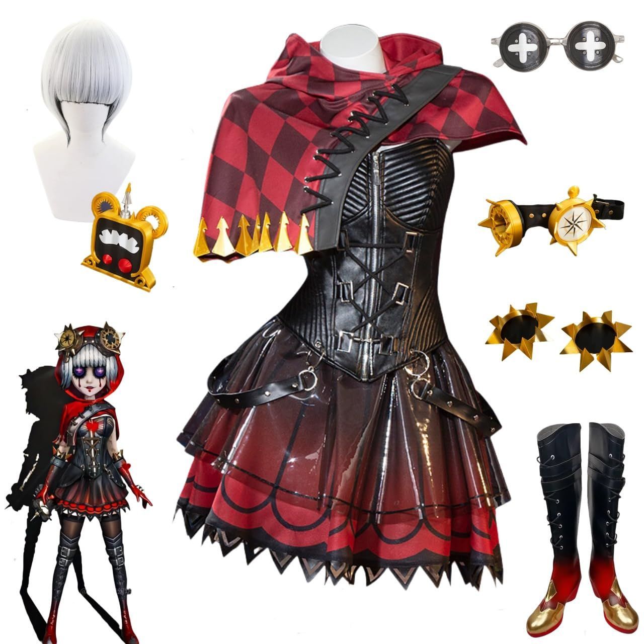 MOSATO 第五人格 赤ずきん コスプレ衣装 機械技師 全セット 頭飾り 道具 めがね付き ウィッグ-靴 追加 可 コスチュ