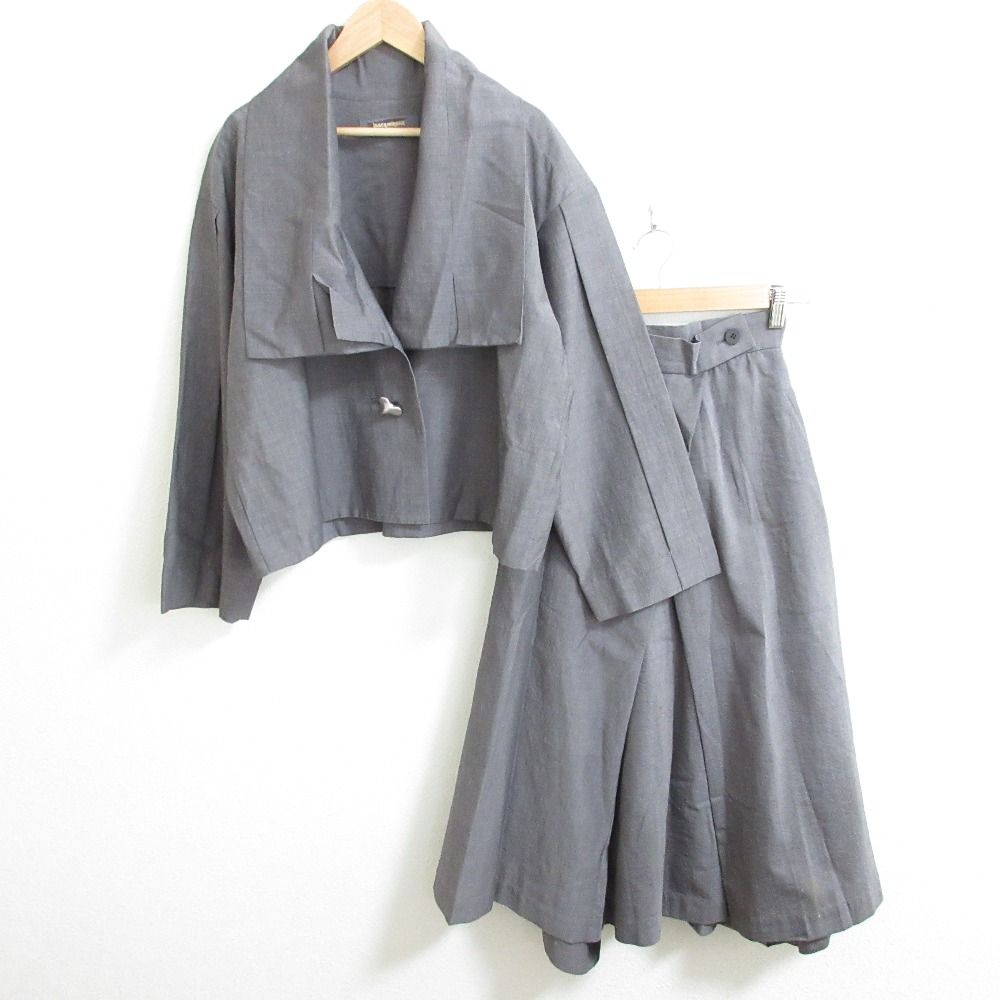 ISSEY MIYAKE イッセイミヤケ ヴィンテージ 筆タグ ハートボタン ショートジャケット ラップ風スカート セットアップ M|S グレー レディース 古着