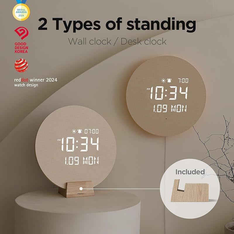 在庫セール mooas 満月 バックライト ナイトライト LED 壁掛け時計 サイレントウォールクロック 3つの使用モード 平日|週末選択アラーム 壁掛け|スタンドの2通り設置 多機能LED時計 アラームクロック 12|24時間モード リモコン操作 0