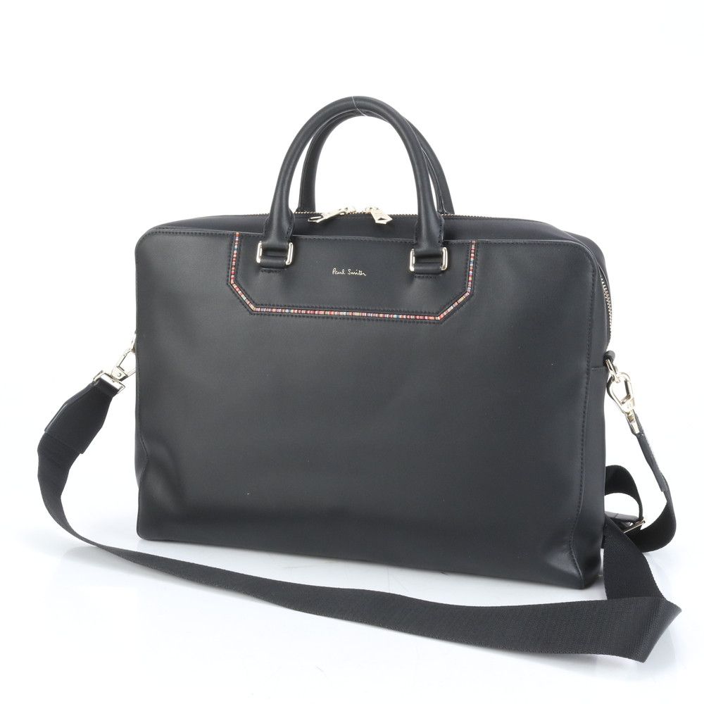 美品◎ポールスミス A4可 2way 斜めがけ ビジネスバッグ ショルダー付 紺 美品 ポールスミス ストライプインセット レザー 2WAY ビジネス