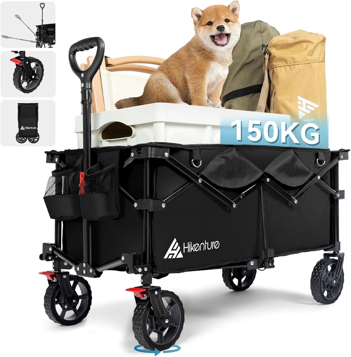 HIKENTURE キャリーワゴン 大容量135L 耐荷重150㎏ アウトドアワゴン スイベル ブレーキ付き キャンプ カート 特許取得のコンパクト設計 キャンプ ワゴン ワンタッチ収束型 自立式ハンドルデザイン