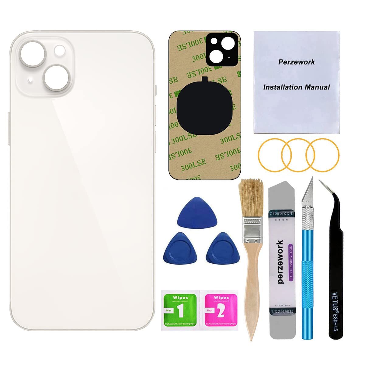 【セール，お得】 Perzework OEM リアバックガラス iPhone 14 Plus 6.7インチ用 修理ツールキットと交換マニュアル付き (スターライトホワイト) その他