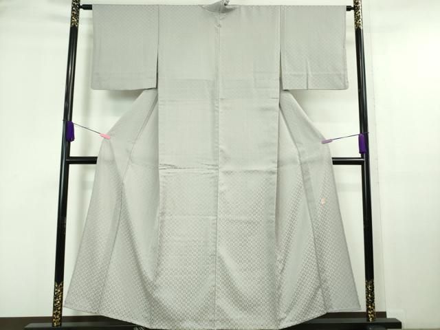 平和屋本店□極上 お召 花織 単衣 作家物 牡丹鼠色地 逸品