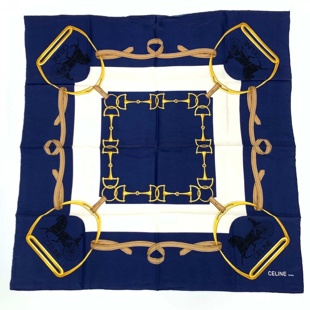 新品同様 CELINE セリーヌ スカーフ ネイビー シルク100