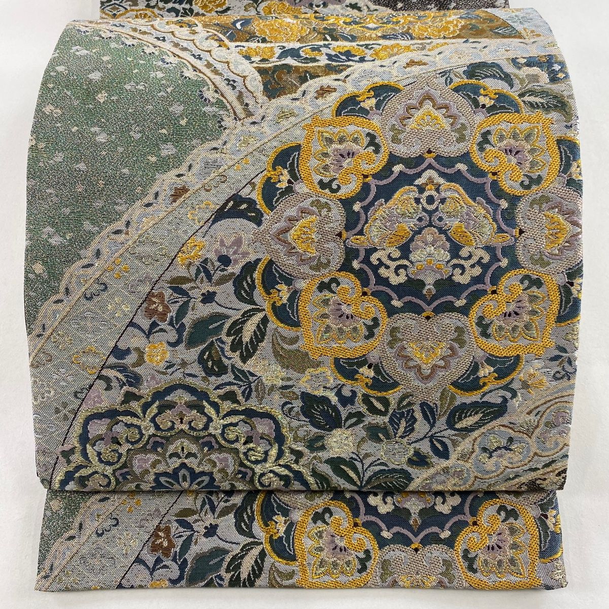 美品】 袋帯 名品 華文 草花 金銀糸 箔 青灰色 六通 正絹 【中古