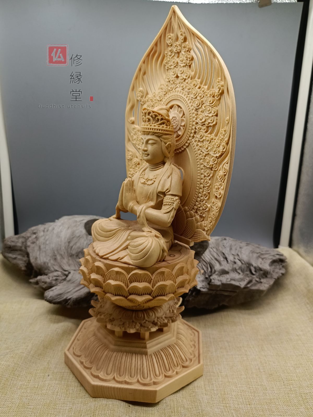 修縁堂】木彫り 仏像 三開仏 阿弥陀三尊 彫刻 仏教工芸品 柘植材