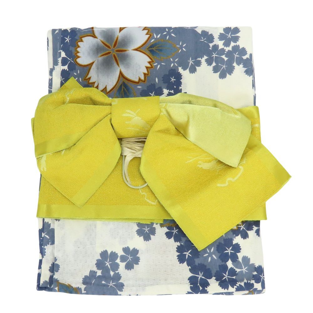 中古 浴衣 2点セット 作り帯 白 黄色系 灰色 くすみカラー 変わり生地 お洒落 粋 和装 呉服 和服 きもの レディース 女性 中古】 浴衣 2点セット 作り帯 白 黄色系 灰色 くすみカラー 変わり