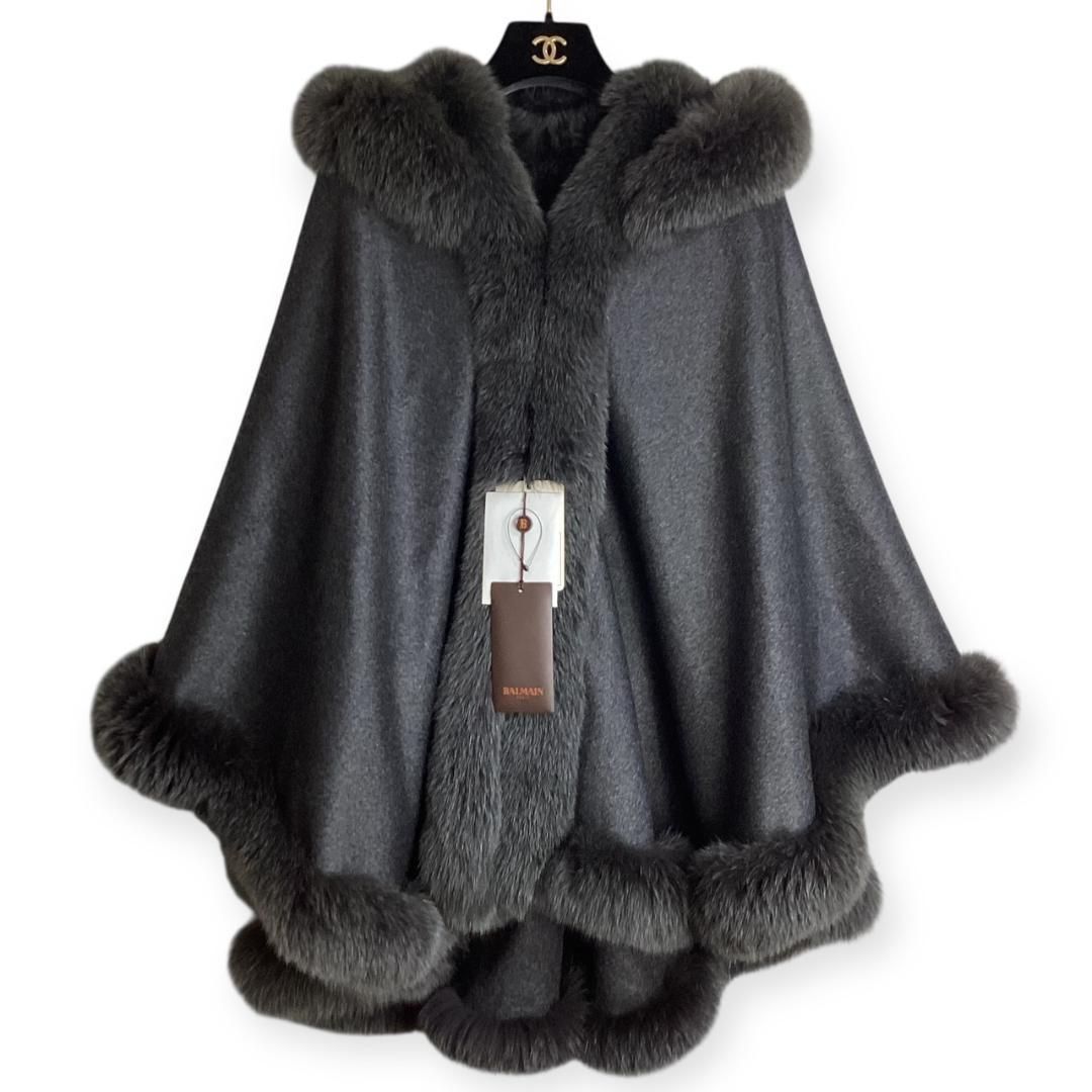 タグ付き カシミヤ&フォックスファー バルマン ポンチョ ケープ コート