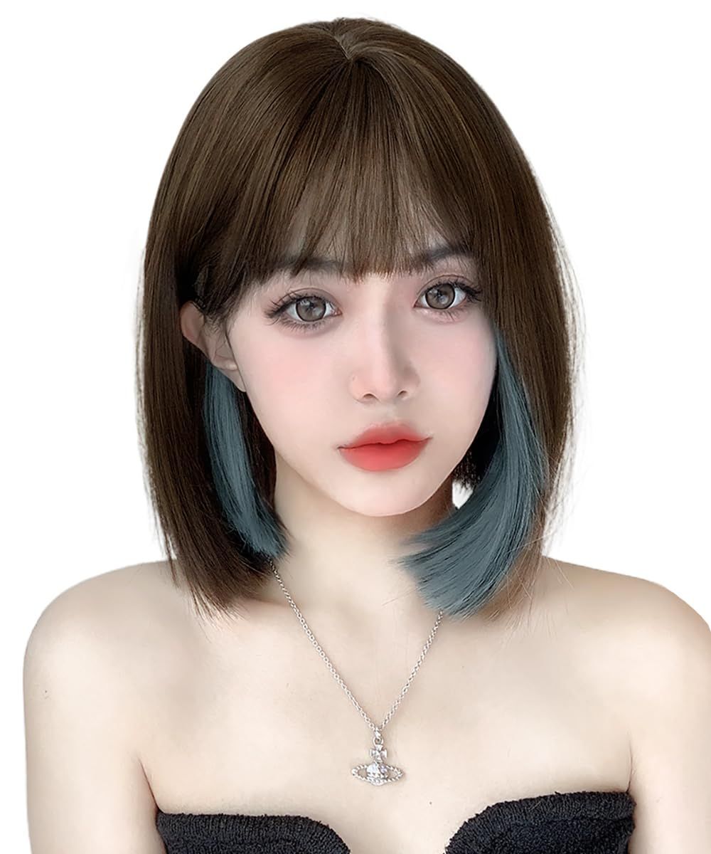 ストレート wig 女性用 レディース かつら フルウィッグ 女装 おしゃれ ショート 自然 可愛い 原宿 ボブ 小顔効果 日常用 Vigorousウィッグ ネット付き ブラウン/ブルー