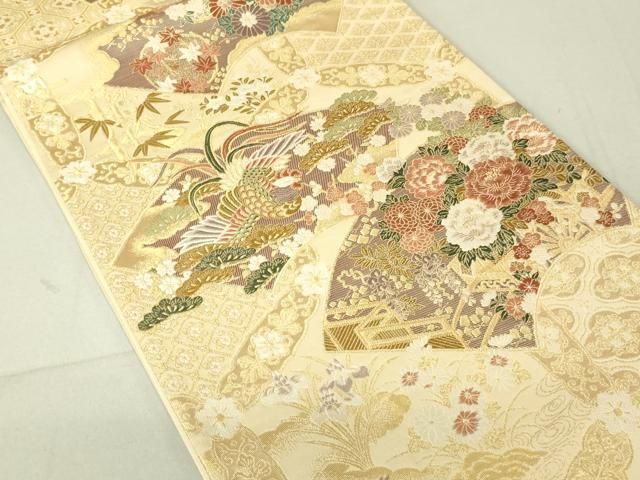 平和屋着物○六通柄袋帯 市松跳び兎 金通し地 正絹 逸品