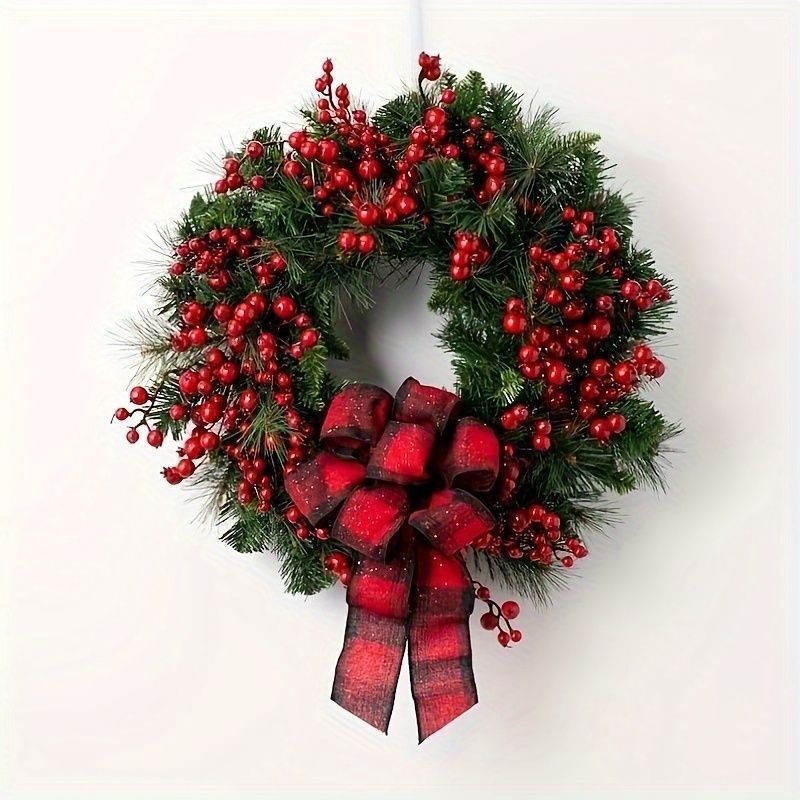 リース 1pc クラシック クリスマスリース 35.05cm プラスチック ウォール ハンギング ホリデー デコレーション ベリーとリボン付き 玄関 屋外 屋内 パーティー ホーム デコレーション フェザーなし ゴージャス グリーン レッド675