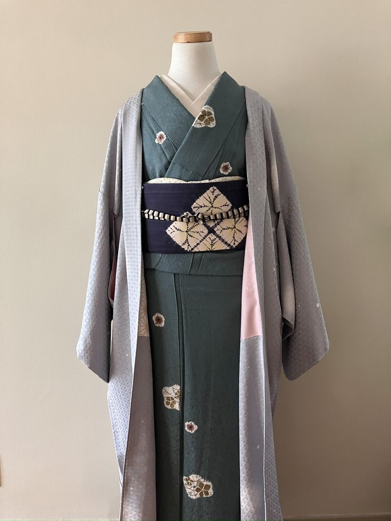 ♥ 市松地紋×蛍ぼかし 長羽織 仕立て替え グレー系 ロング丈 C030