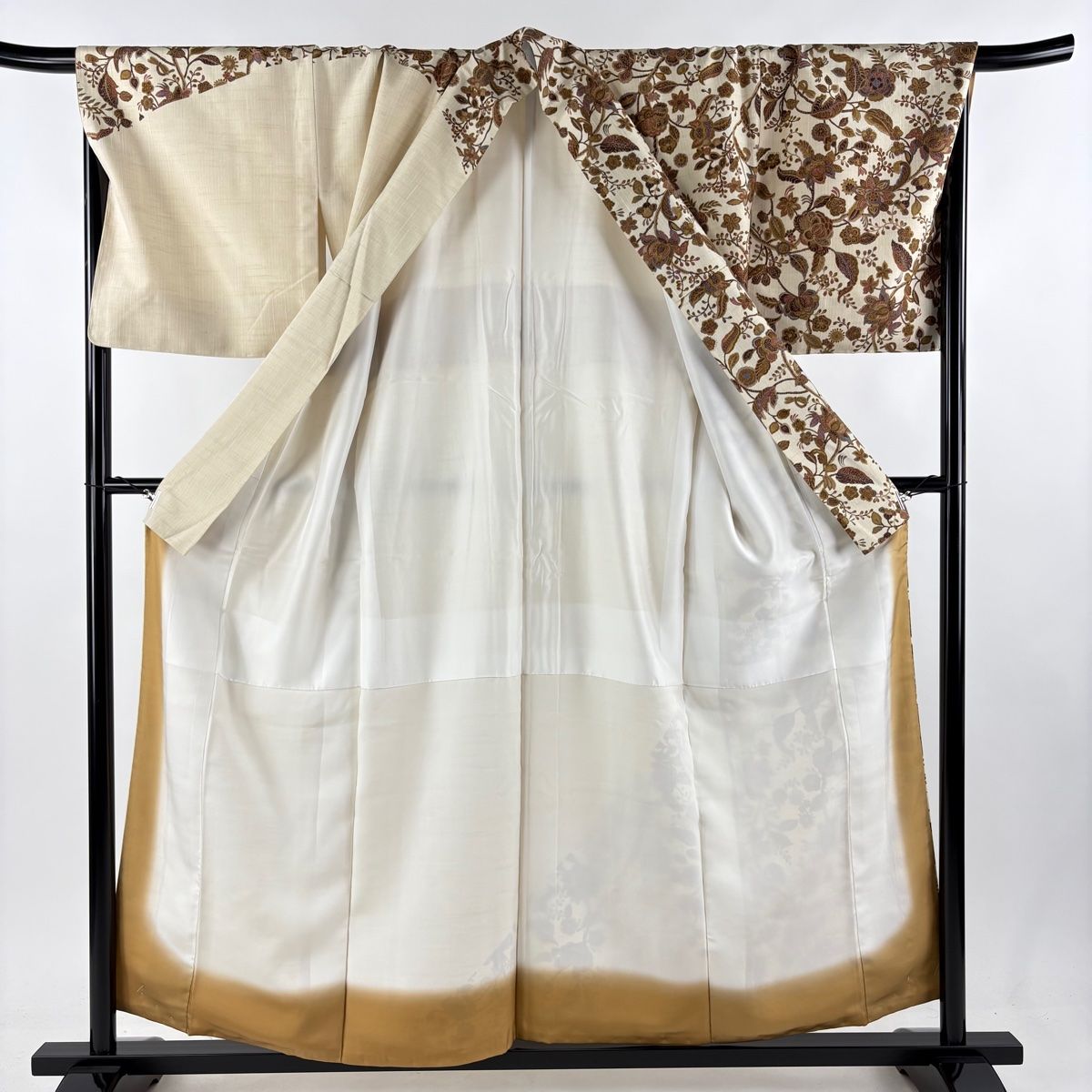 訪問着 身丈169.5cm 裄丈67cm M 袷 紬地 花鳥 華文 刺繍 灰緑 正絹  