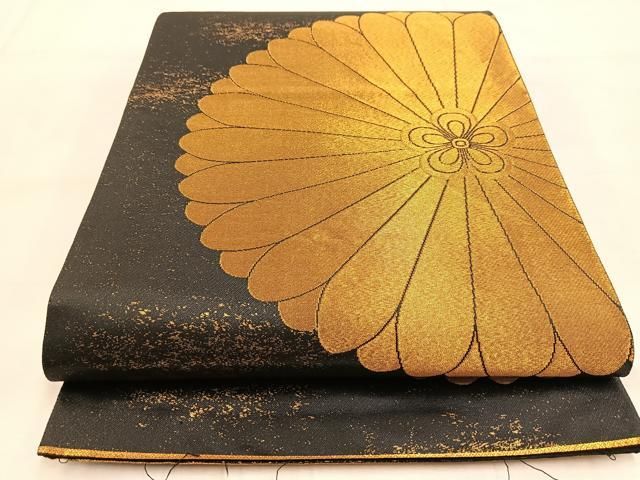 平和屋着物◎六通柄袋帯 菊花文 黒地 金糸 引箔 正絹 逸品