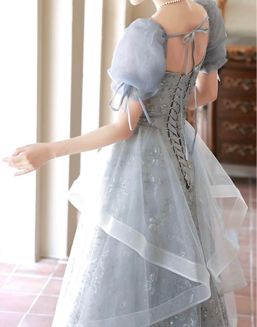 パフスリーブに花柄が大人 フリルイブニングドレス?.?