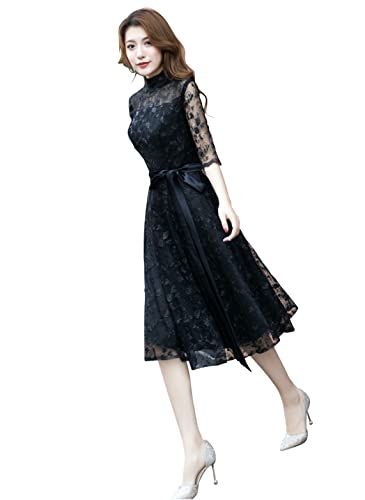 EightSTAR Dress 結婚式ドレス レディース Aライン 袖あり お呼ばれ ワンピース ミモレ丈 ひざ丈 二次会 レース 披露宴 オーガンジー ハイネック S ブラック