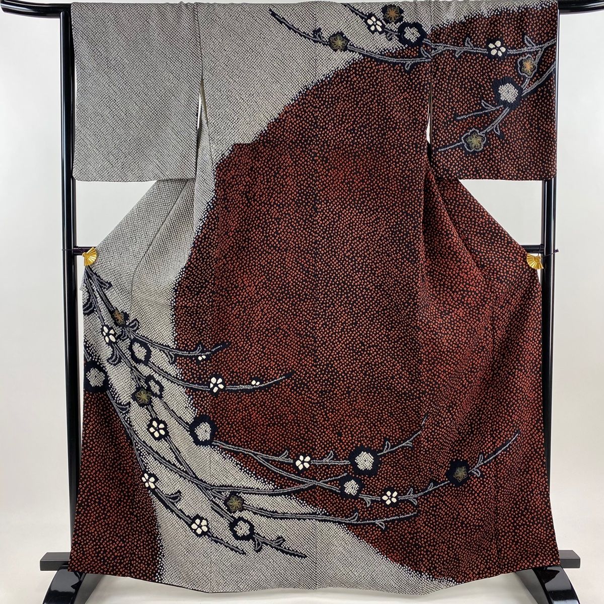 訪問着 身丈164cm 裄丈67cm M 袷 草花 金彩 絞り 黒灰 正絹 秀品