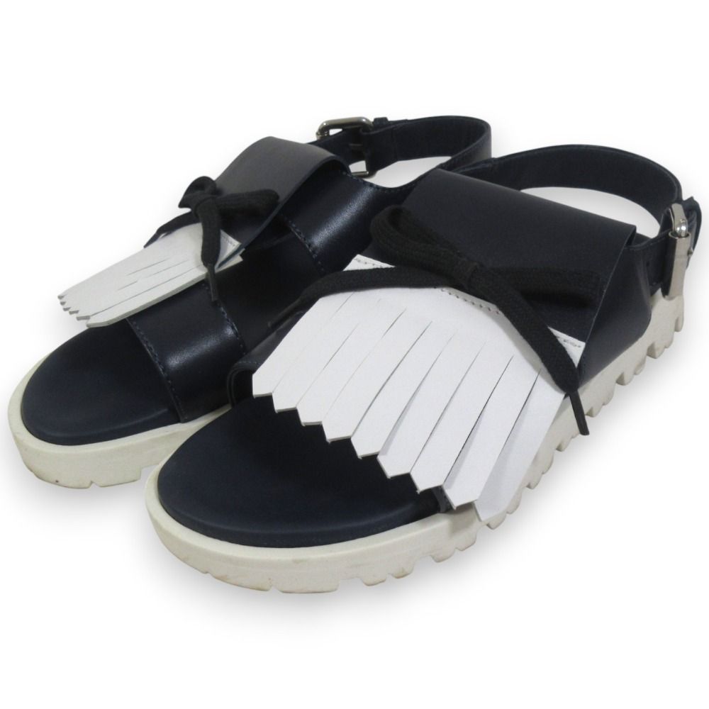 MARNI マルニ レザー フリンジ リボン アンクルストラップ サンダル 34 約21cm ネイビー ホワイト レディース 古着