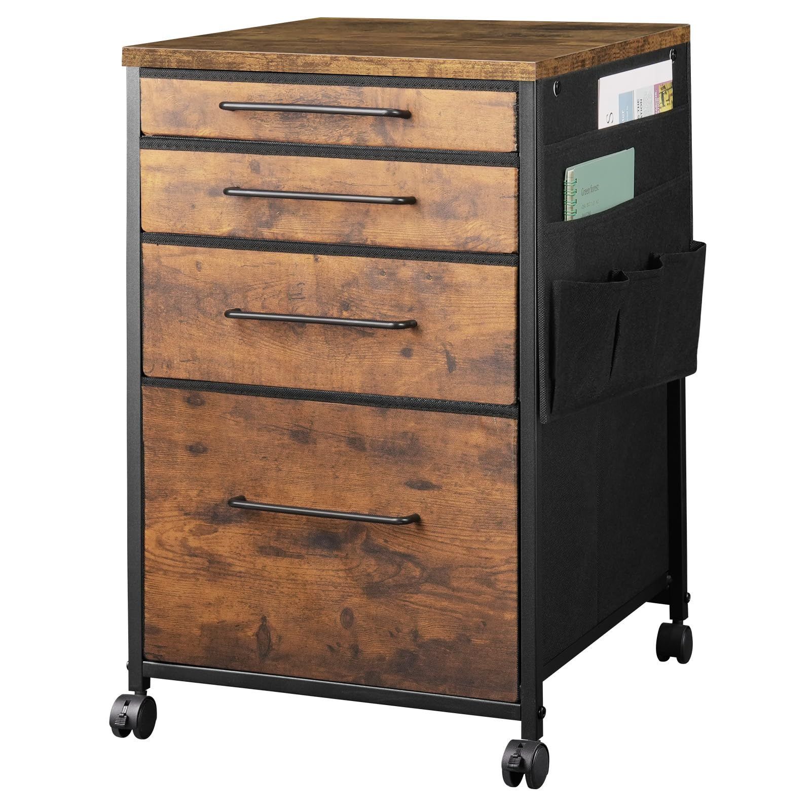 在庫処分 YeTom デスクワゴン キャビネット サイドチェスト オフィス 布製 袖机 サイドワゴン 4段 A4対応 大容量 キャスター付き デスク下収納 幅400*奥行400*高さ650mm 子 樹脂 ビンテージ 黒い引き出し