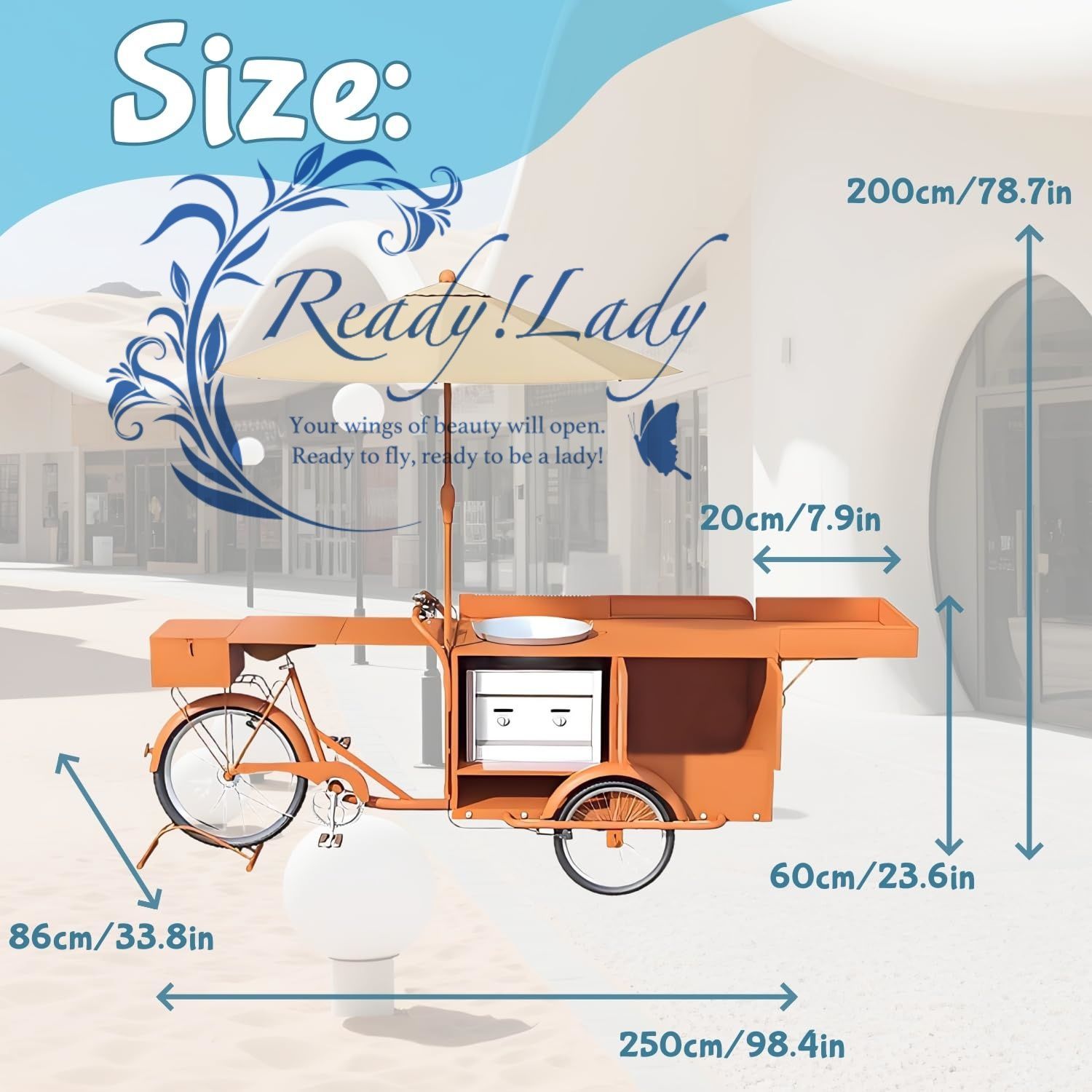 傘付きの大型食品バイクカート ポット保管エリア付きの移動式販売トラック もち米 スナック 飲み物 花を販売するための商業用フラワートレーラー オレンジ色