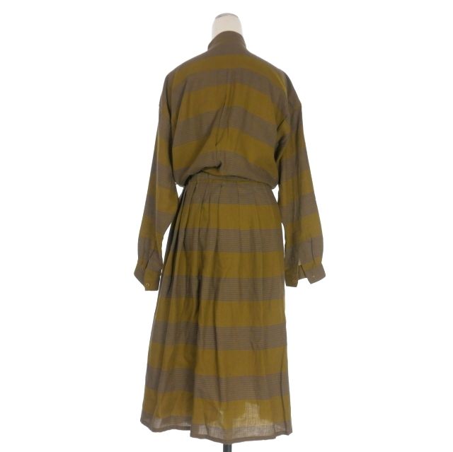 イッセイミヤケ ISSEY MIYAKE 70s ヴィンテージ チェック柄 バンドカラー ロングシャツワンピース ドレス 長袖 9 カーキ N24640