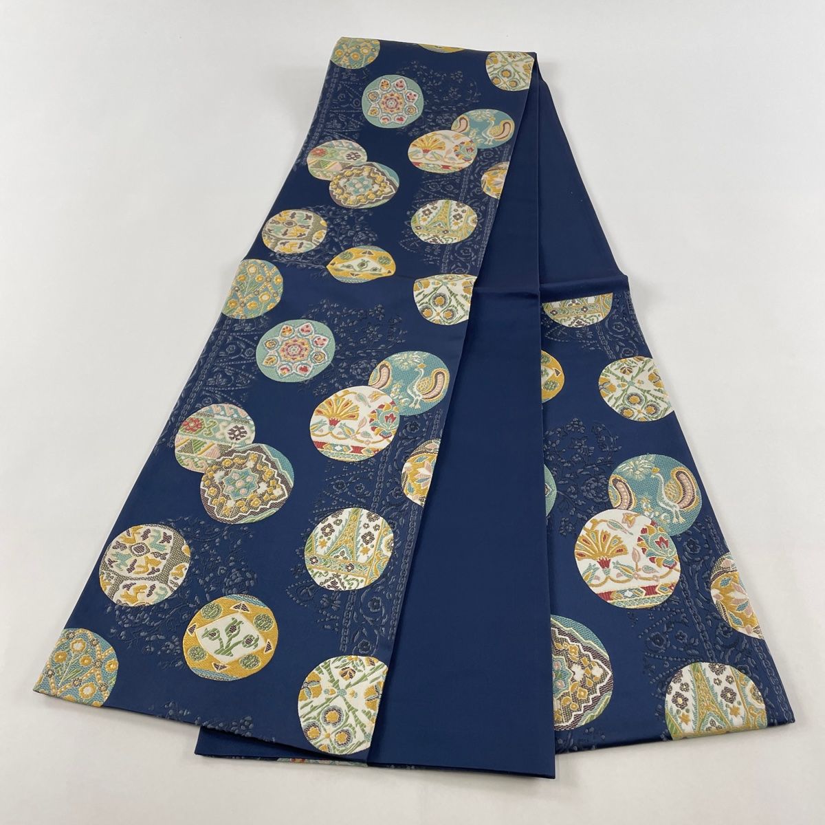 袋帯 秀品 扇面 花鳥 刺繍 箔 金色 六通 正絹 【中古】 袋帯 美品 秀