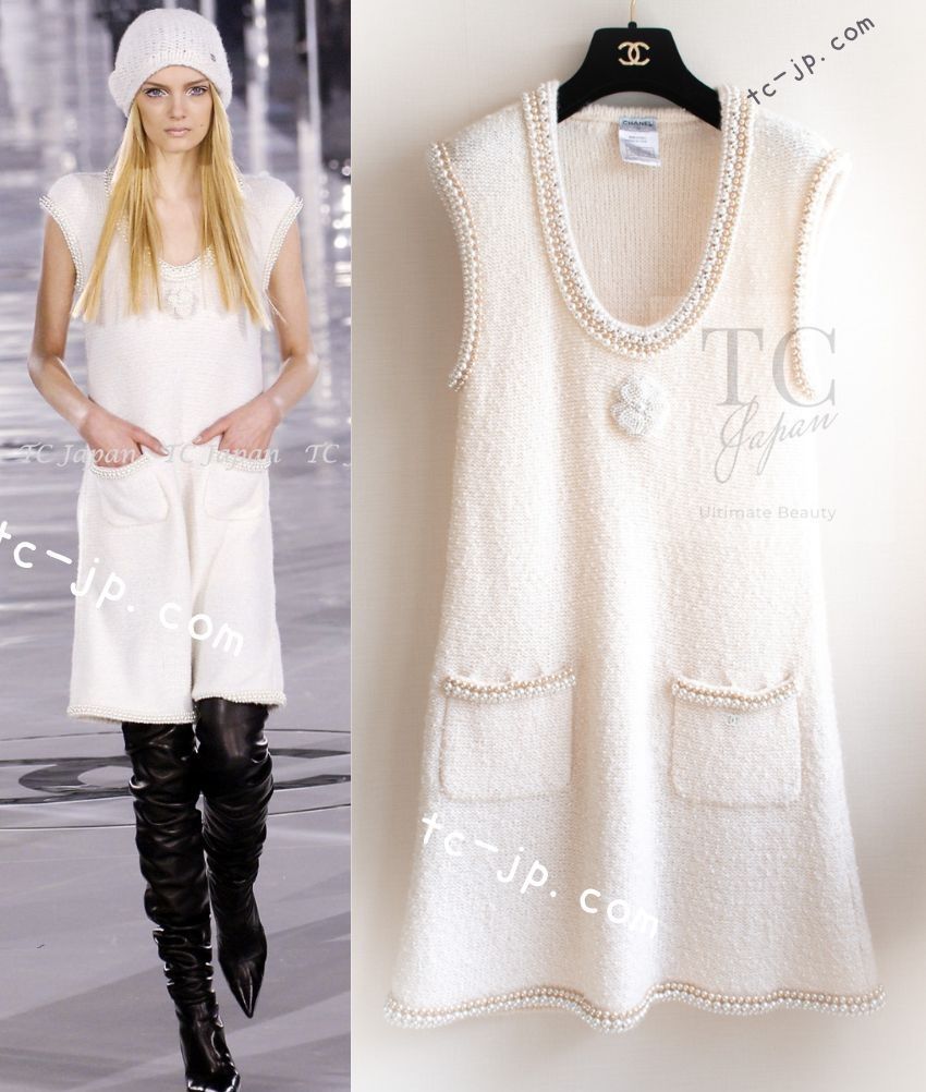 シャネル チュニック ワンピース CHANEL クリーム カシミア ウール カメリア パール ニット カール ラガーフェルド作品 38