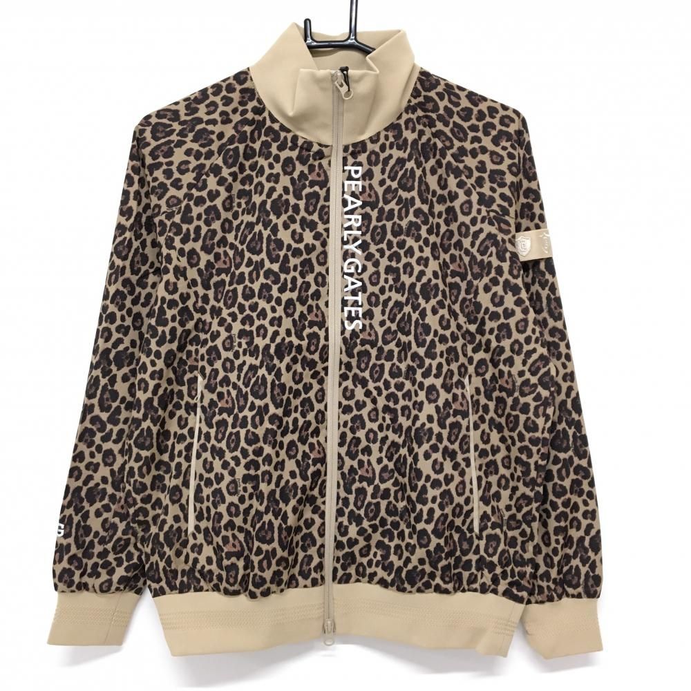 パーリーゲイツ ジャケットブルゾン ベージュ×ダークブラウン レオパード柄 ロゴ白 レディース 1 M ゴルフウェア PEARLY GATES