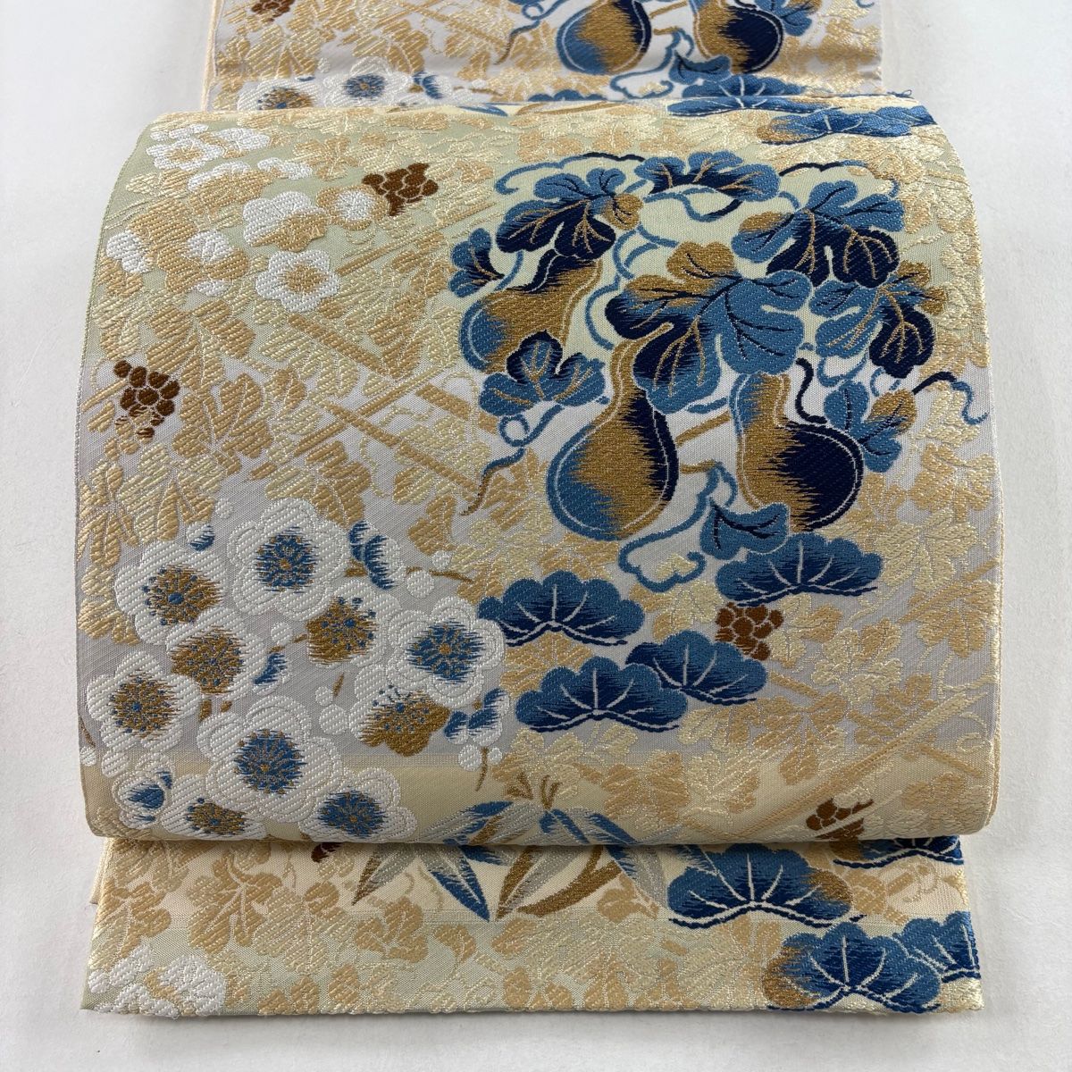 袋帯 名品 松竹梅 唐織 箔 ベージュ 六通 正絹