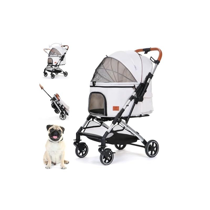 SKISOPGO ペットカート 対面両用 アップグレード ペットベビーカー 中型犬多頭バギー コット内大きい 犬用カート 多頭用 前輪360°後輪ブレーキ付 一瞬で折り畳め自立式 耐荷重30KG 荷物入れも大きく 収納-操作しやすい ホワイト 0