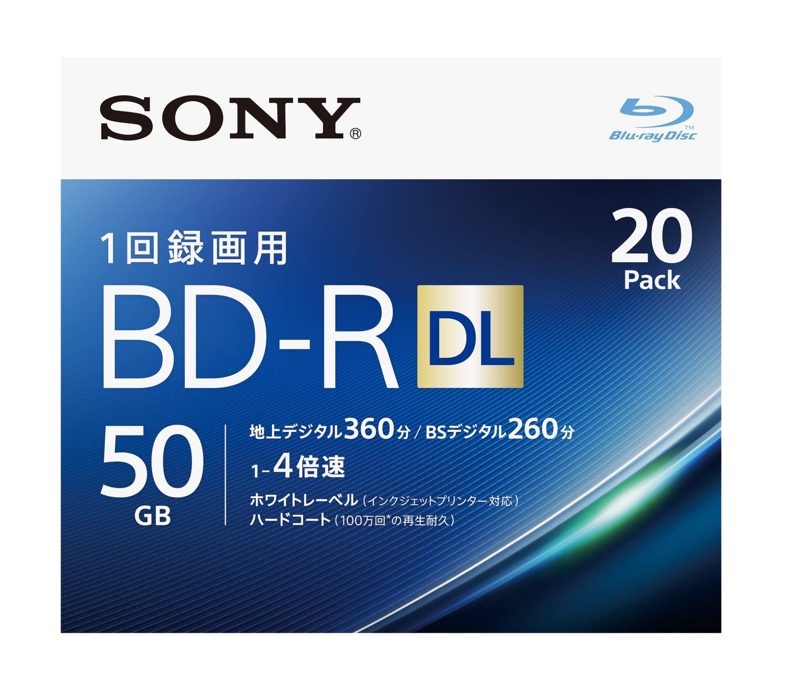 ソニー SONY 20枚 地デジ約120時間 ディスク1枚により多く保存 ソニー 20枚入り ビデオ用ブルーレイディスク 1回録画用 BD-R 1枚あたり50GB 地デジ約6時間 1回録画50GB 20枚 地デジ約120時間