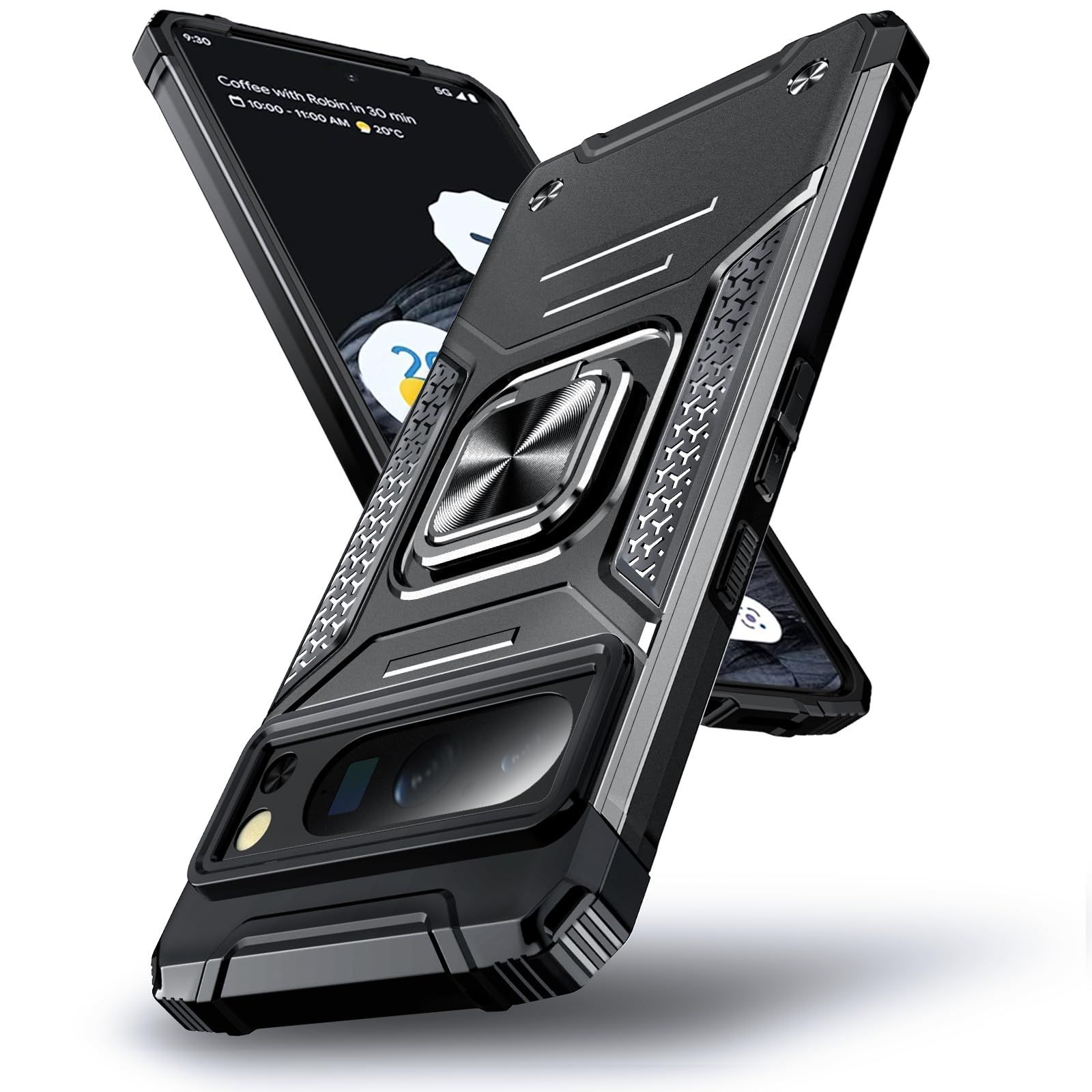 【在庫処分】6.7 カバー Pro Pro インチ グーグルピクセル8 スマホケース[マグネット式カーマウントに対応] 耐衝撃 米軍MIL 360度回転メタルリングキックスタンド付き ブラック ケース 8 Pixel Googl